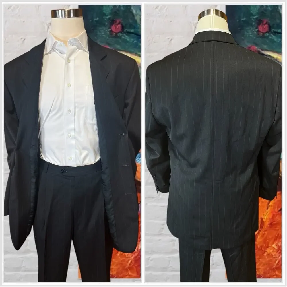 Kasper Mens 44L 35x29 Black Banker's Stripe Suit Virgin Wool 3/2 Roll